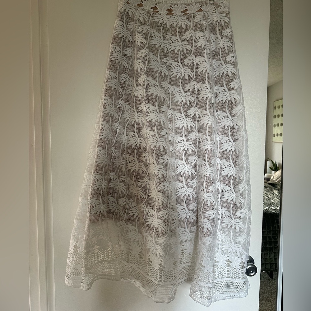 Elegant White Lace Midi Skirt | Palm Embroidered | Size L - Picture 6 of 7